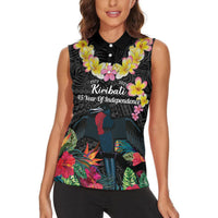 Kiribati Independence Day Women Sleeveless Polo Shirt Frigatebird Mix Tropical Flowers - Black Style LT14 - Polynesian Pride