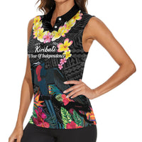 Kiribati Independence Day Women Sleeveless Polo Shirt Frigatebird Mix Tropical Flowers - Black Style LT14 - Polynesian Pride