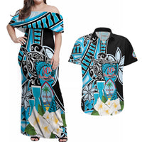 Personalised Guam Liberation Day Couples Matching Off Shoulder Maxi Dress and Hawaiian Shirt 80th Anniversary Chamorro Latte Stone With Guasali Flowers LT14 Blue - Polynesian Pride