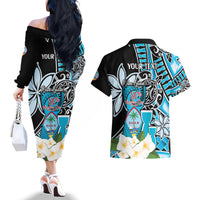 Personalised Guam Liberation Day Couples Matching Off The Shoulder Long Sleeve Dress and Hawaiian Shirt 80th Anniversary Chamorro Latte Stone With Guasali Flowers LT14 - Polynesian Pride