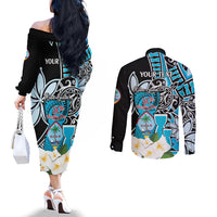 Personalised Guam Liberation Day Couples Matching Off The Shoulder Long Sleeve Dress and Long Sleeve Button Shirt 80th Anniversary Chamorro Latte Stone With Guasali Flowers LT14 - Polynesian Pride