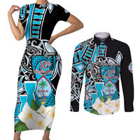 Personalised Guam Liberation Day Couples Matching Short Sleeve Bodycon Dress and Long Sleeve Button Shirt 80th Anniversary Chamorro Latte Stone With Guasali Flowers LT14 Blue - Polynesian Pride
