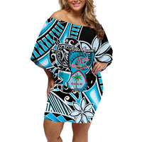 Personalised Guam Liberation Day Family Matching Off Shoulder Short Dress and Hawaiian Shirt 80th Anniversary Chamorro Latte Stone With Guasali Flowers LT14 Mom's Dress Blue - Polynesian Pride