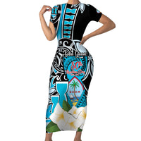 Personalised Guam Liberation Day Family Matching Short Sleeve Bodycon Dress and Hawaiian Shirt 80th Anniversary Chamorro Latte Stone With Guasali Flowers LT14 Mom's Dress Blue - Polynesian Pride