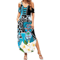 Personalised Guam Liberation Day Family Matching Summer Maxi Dress and Hawaiian Shirt 80th Anniversary Chamorro Latte Stone With Guasali Flowers LT14 Mom's Dress Blue - Polynesian Pride