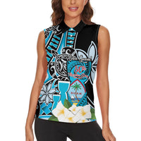 Personalised Guam Liberation Day Women Sleeveless Polo Shirt 80th Anniversary Chamorro Latte Stone With Guasali Flowers LT14 - Polynesian Pride