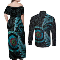 New Zealand Archery Couples Matching Off Shoulder Maxi Dress and Long Sleeve Button Shirt Aotearoa Silver Fern Maori LT14 - Polynesian Pride