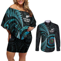 New Zealand Archery Couples Matching Off Shoulder Short Dress and Long Sleeve Button Shirt Aotearoa Silver Fern Maori LT14 Turquoise - Polynesian Pride