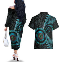 New Zealand Archery Couples Matching Off The Shoulder Long Sleeve Dress and Hawaiian Shirt Aotearoa Silver Fern Maori LT14 - Polynesian Pride