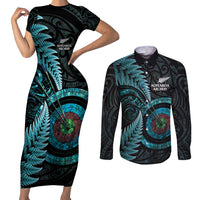 New Zealand Archery Couples Matching Short Sleeve Bodycon Dress and Long Sleeve Button Shirt Aotearoa Silver Fern Maori LT14 Turquoise - Polynesian Pride