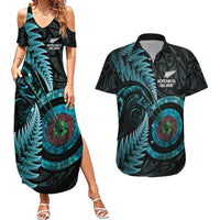 New Zealand Archery Couples Matching Summer Maxi Dress and Hawaiian Shirt Aotearoa Silver Fern Maori LT14 Turquoise - Polynesian Pride