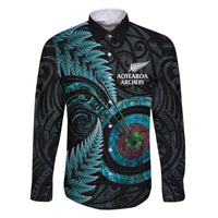 New Zealand Archery Family Matching Off The Shoulder Long Sleeve Dress and Hawaiian Shirt Aotearoa Silver Fern Maori LT14 Dad's Shirt - Long Sleeve Turquoise - Polynesian Pride