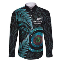 New Zealand Archery Family Matching Puletasi and Hawaiian Shirt Aotearoa Silver Fern Maori LT14 Dad's Shirt - Long Sleeve Turquoise - Polynesian Pride