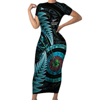 New Zealand Archery Short Sleeve Bodycon Dress Aotearoa Silver Fern Maori LT14 Long Dress Turquoise - Polynesian Pride
