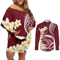 Blood Gold Polynesia Couples Matching Off Shoulder Short Dress and Long Sleeve Button Shirt Polynesian Frangipani With Sea Turtles LT14 Blood Gold - Polynesian Pride