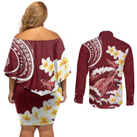 Blood Gold Polynesia Couples Matching Off Shoulder Short Dress and Long Sleeve Button Shirt Polynesian Frangipani With Sea Turtles LT14 - Polynesian Pride