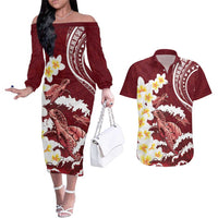 Blood Gold Polynesia Couples Matching Off The Shoulder Long Sleeve Dress and Hawaiian Shirt Polynesian Frangipani With Sea Turtles LT14 Blood Gold - Polynesian Pride