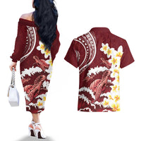 Blood Gold Polynesia Couples Matching Off The Shoulder Long Sleeve Dress and Hawaiian Shirt Polynesian Frangipani With Sea Turtles LT14 - Polynesian Pride