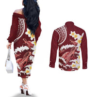 Blood Gold Polynesia Couples Matching Off The Shoulder Long Sleeve Dress and Long Sleeve Button Shirt Polynesian Frangipani With Sea Turtles LT14 - Polynesian Pride