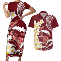 Blood Gold Polynesia Couples Matching Short Sleeve Bodycon Dress and Hawaiian Shirt Polynesian Frangipani With Sea Turtles LT14 Blood Gold - Polynesian Pride