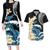 Black Polynesia Couples Matching Long Sleeve Bodycon Dress and Hawaiian Shirt Polynesian Frangipani With Sea Turtles LT14 Black - Polynesian Pride