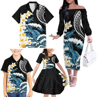 Black Polynesia Family Matching Off The Shoulder Long Sleeve Dress and Hawaiian Shirt Polynesian Frangipani With Sea Turtles LT14 - Polynesian Pride