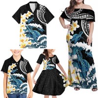 Black Polynesia Family Matching Off Shoulder Maxi Dress and Hawaiian Shirt Polynesian Frangipani With Sea Turtles LT14 - Polynesian Pride