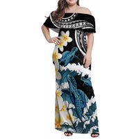 Black Polynesia Family Matching Off Shoulder Maxi Dress and Hawaiian Shirt Polynesian Frangipani With Sea Turtles LT14 Mom's Dress Black - Polynesian Pride