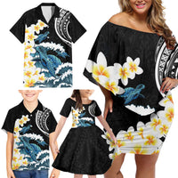 Black Polynesia Family Matching Off Shoulder Short Dress and Hawaiian Shirt Polynesian Frangipani With Sea Turtles LT14 - Polynesian Pride