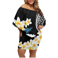 Black Polynesia Family Matching Off Shoulder Short Dress and Hawaiian Shirt Polynesian Frangipani With Sea Turtles LT14 Mom's Dress Black - Polynesian Pride