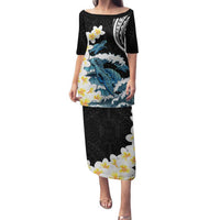 Black Polynesia Family Matching Puletasi and Hawaiian Shirt Polynesian Frangipani With Sea Turtles LT14 Mom's Dress Black - Polynesian Pride