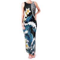 Black Polynesia Family Matching Tank Maxi Dress and Hawaiian Shirt Polynesian Frangipani With Sea Turtles LT14 Mom's Dress Black - Polynesian Pride