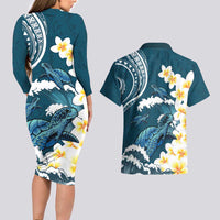 Dark Teal Polynesia Couples Matching Long Sleeve Bodycon Dress and Hawaiian Shirt Polynesian Frangipani With Sea Turtles LT14 - Polynesian Pride