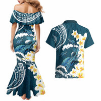 Dark Teal Polynesia Couples Matching Mermaid Dress and Hawaiian Shirt Polynesian Frangipani With Sea Turtles LT14 - Polynesian Pride