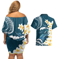Dark Teal Polynesia Couples Matching Off Shoulder Short Dress and Hawaiian Shirt Polynesian Frangipani With Sea Turtles LT14 - Polynesian Pride