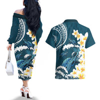 Dark Teal Polynesia Couples Matching Off The Shoulder Long Sleeve Dress and Hawaiian Shirt Polynesian Frangipani With Sea Turtles LT14 - Polynesian Pride