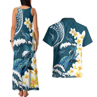 Dark Teal Polynesia Couples Matching Tank Maxi Dress and Hawaiian Shirt Polynesian Frangipani With Sea Turtles LT14 - Polynesian Pride