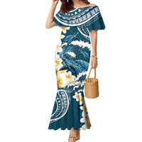 Dark Teal Polynesia Family Matching Mermaid Dress and Hawaiian Shirt Polynesian Frangipani With Sea Turtles LT14 Mom's Dress Dark Teal - Polynesian Pride