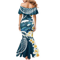 Dark Teal Polynesia Family Matching Mermaid Dress and Hawaiian Shirt Polynesian Frangipani With Sea Turtles LT14 - Polynesian Pride