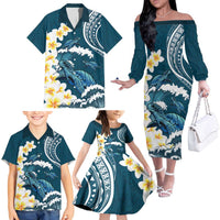 Dark Teal Polynesia Family Matching Off The Shoulder Long Sleeve Dress and Hawaiian Shirt Polynesian Frangipani With Sea Turtles LT14 - Polynesian Pride