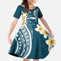 Dark Teal Polynesia Family Matching Off Shoulder Maxi Dress and Hawaiian Shirt Polynesian Frangipani With Sea Turtles LT14 Daughter's Dress Dark Teal - Polynesian Pride