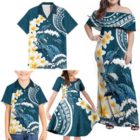Dark Teal Polynesia Family Matching Off Shoulder Maxi Dress and Hawaiian Shirt Polynesian Frangipani With Sea Turtles LT14 - Polynesian Pride
