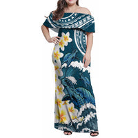 Dark Teal Polynesia Family Matching Off Shoulder Maxi Dress and Hawaiian Shirt Polynesian Frangipani With Sea Turtles LT14 Mom's Dress Dark Teal - Polynesian Pride