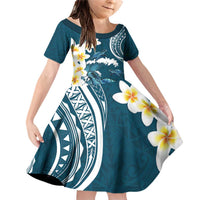 Dark Teal Polynesia Family Matching Off Shoulder Short Dress and Hawaiian Shirt Polynesian Frangipani With Sea Turtles LT14 Daughter's Dress Dark Teal - Polynesian Pride