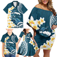 Dark Teal Polynesia Family Matching Off Shoulder Short Dress and Hawaiian Shirt Polynesian Frangipani With Sea Turtles LT14 - Polynesian Pride