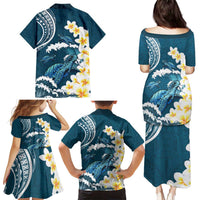 Dark Teal Polynesia Family Matching Puletasi and Hawaiian Shirt Polynesian Frangipani With Sea Turtles LT14 - Polynesian Pride