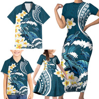 Dark Teal Polynesia Family Matching Short Sleeve Bodycon Dress and Hawaiian Shirt Polynesian Frangipani With Sea Turtles LT14 - Polynesian Pride
