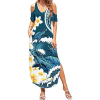 Dark Teal Polynesia Family Matching Summer Maxi Dress and Hawaiian Shirt Polynesian Frangipani With Sea Turtles LT14 Mom's Dress Dark Teal - Polynesian Pride