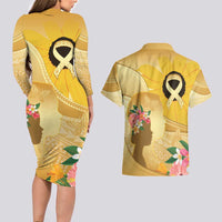 Polynesia Childhood Cancer Awareness Couples Matching Long Sleeve Bodycon Dress and Hawaiian Shirt Be Bold Go Gold Polynesian Art LT14 - Polynesian Pride