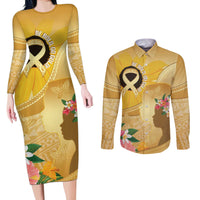 Polynesia Childhood Cancer Awareness Couples Matching Long Sleeve Bodycon Dress and Long Sleeve Button Shirt Be Bold Go Gold Polynesian Art LT14 Gold - Polynesian Pride